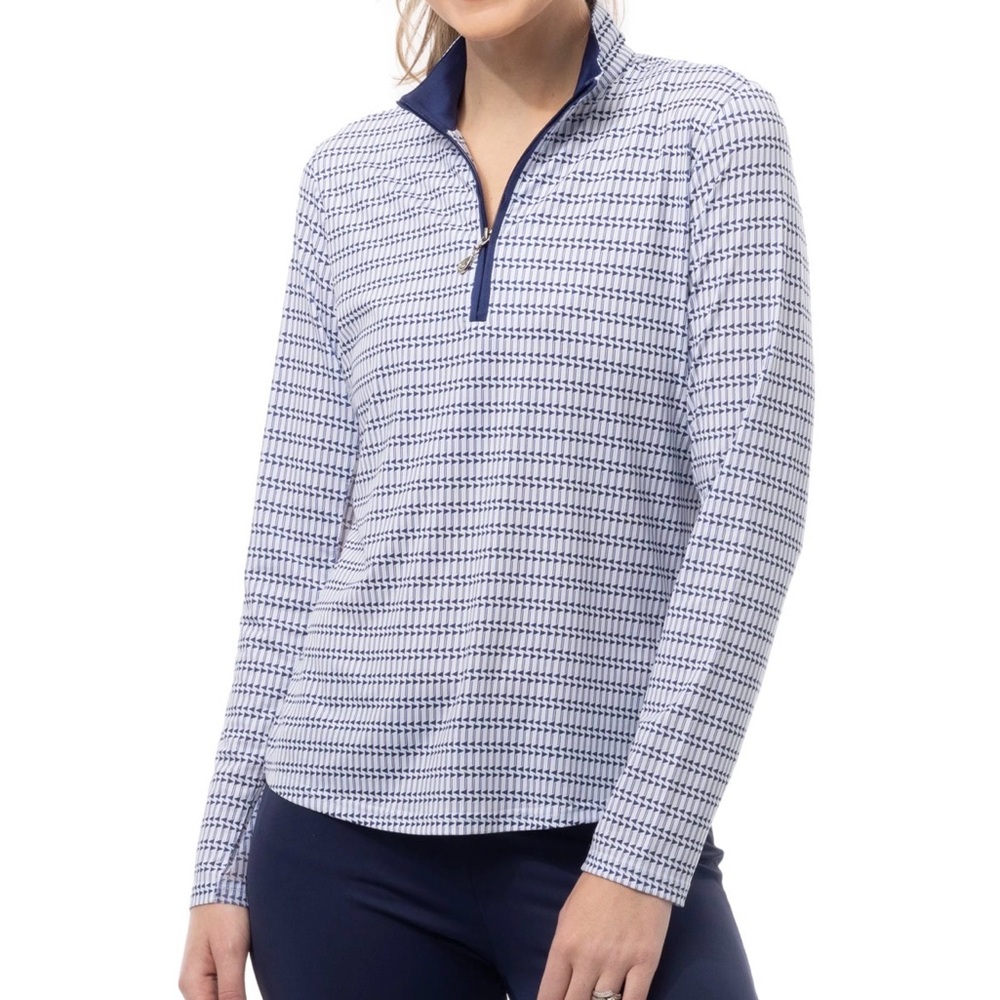 SanSoleil Solcool Print Long Sleeve Mock 1/4 Zip Mastermind Navy Size‎ S NWT